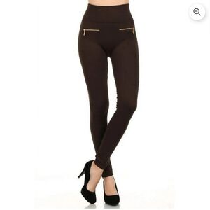 Chic Brown High-Waisted Leggings with Gold Zipper
